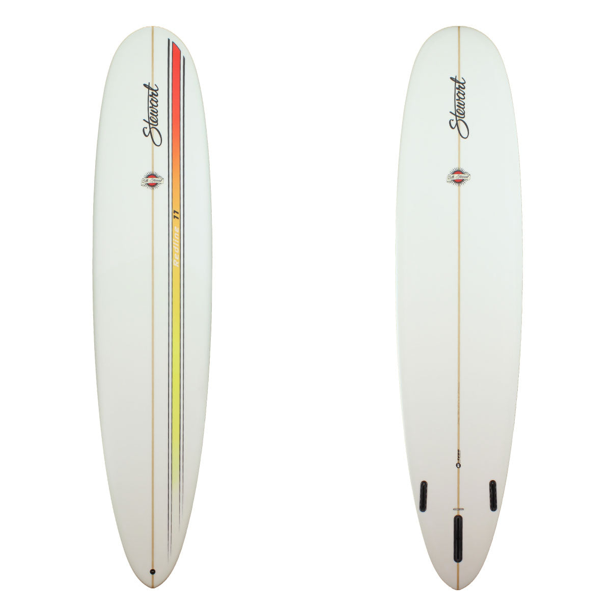 Deck and Bottom view of a stewart redline-11 with a strip that goes from red to orange to yellow on the right side of the board and the rest of the board is clear with a sand finish 