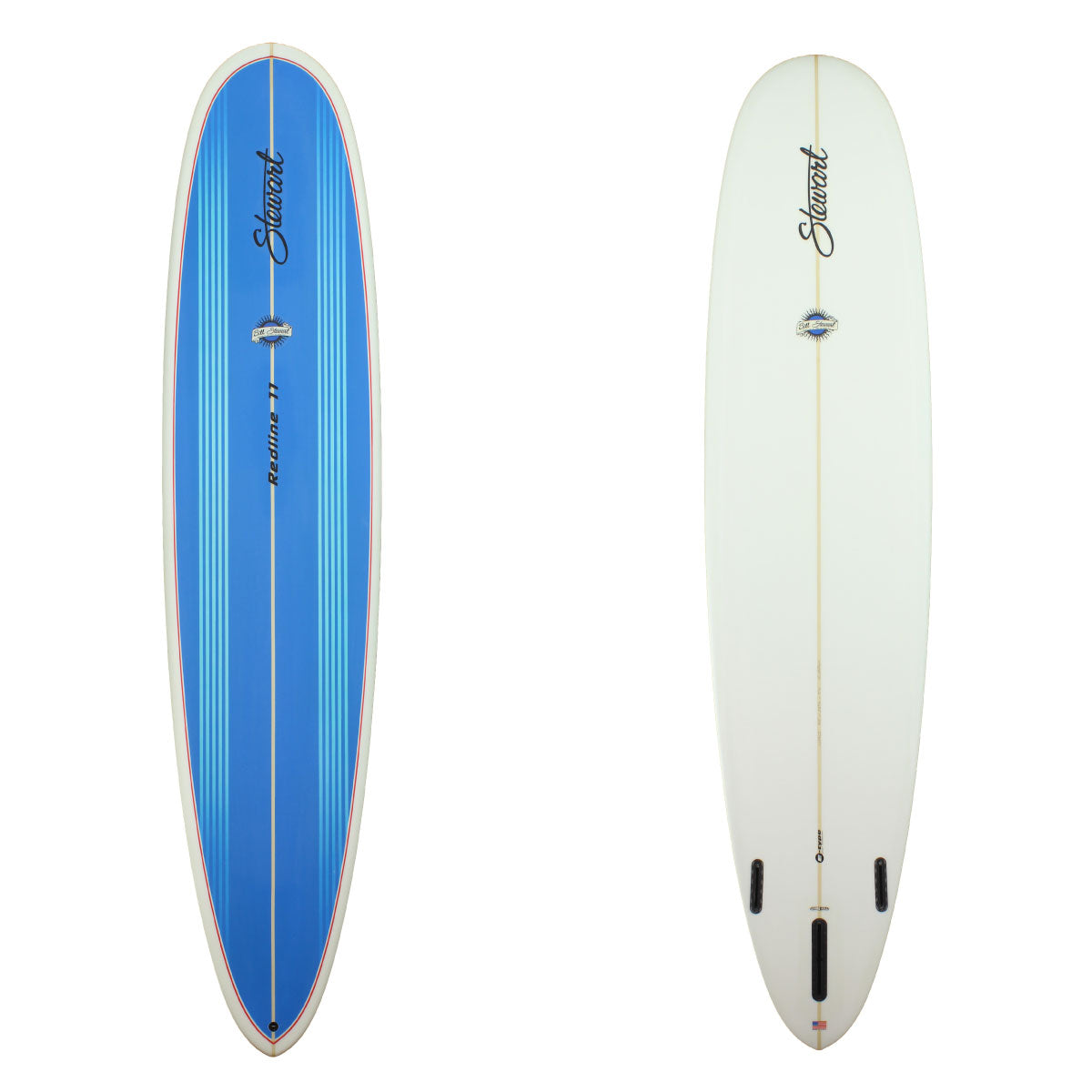 Deck and bottom view of a stewart redline-11 longboard with a blue deck with light blue stripes with red pinlines around the rail no colorwork on the deck sand finish 