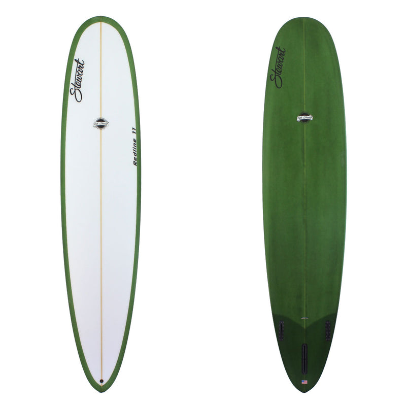 Deck and Bottom View of a stewart redline-11 longboard with and olive green resin tint on the bottom and a white deck with a sand finish 