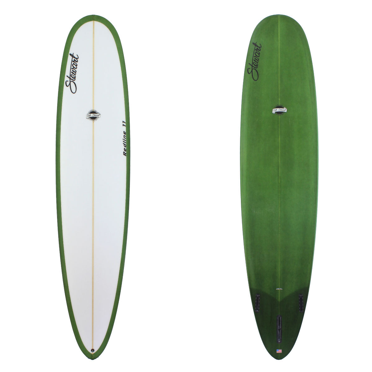 Deck and Bottom View of a stewart redline - 11 longboard with an olive green resin tint on the bottom and a white deck with a sand finish 