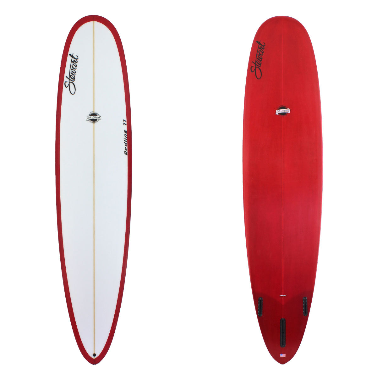 Deck and Bottom View of a stewart redline -11 longboard with a red resin tint on the bottom and a white deck