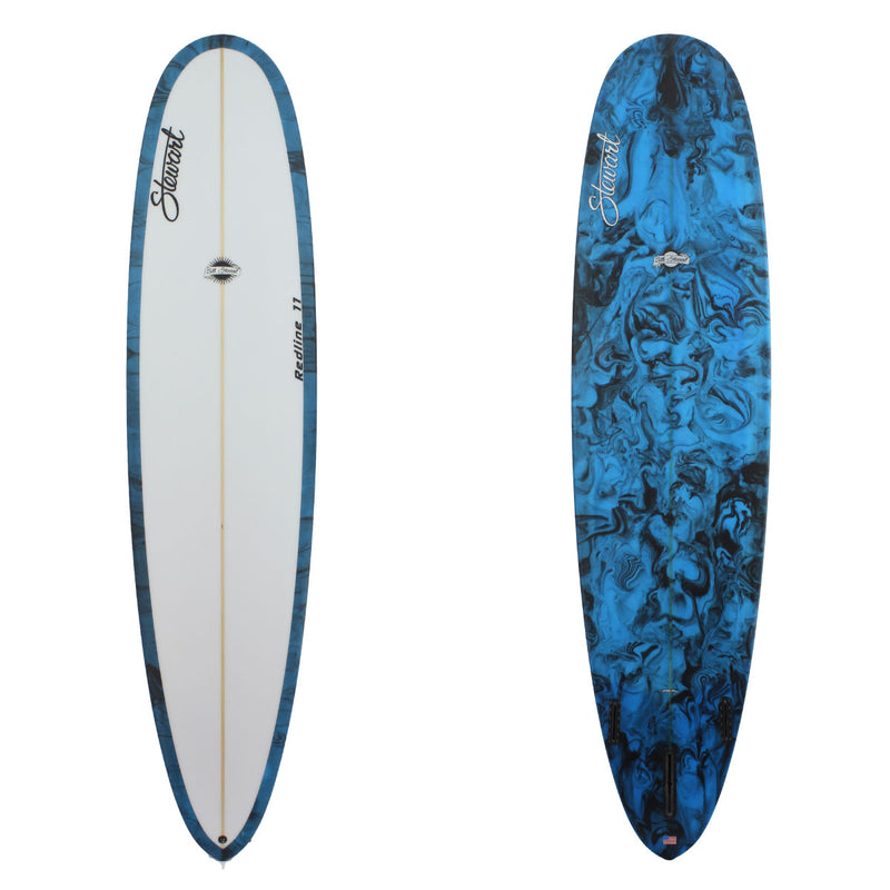 9'0" Redline 11 (9'0", 23 1/2", 3") B#128379 with blue and black resign swirl on the bottom and rails