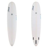 White surfboard with branding on a white background