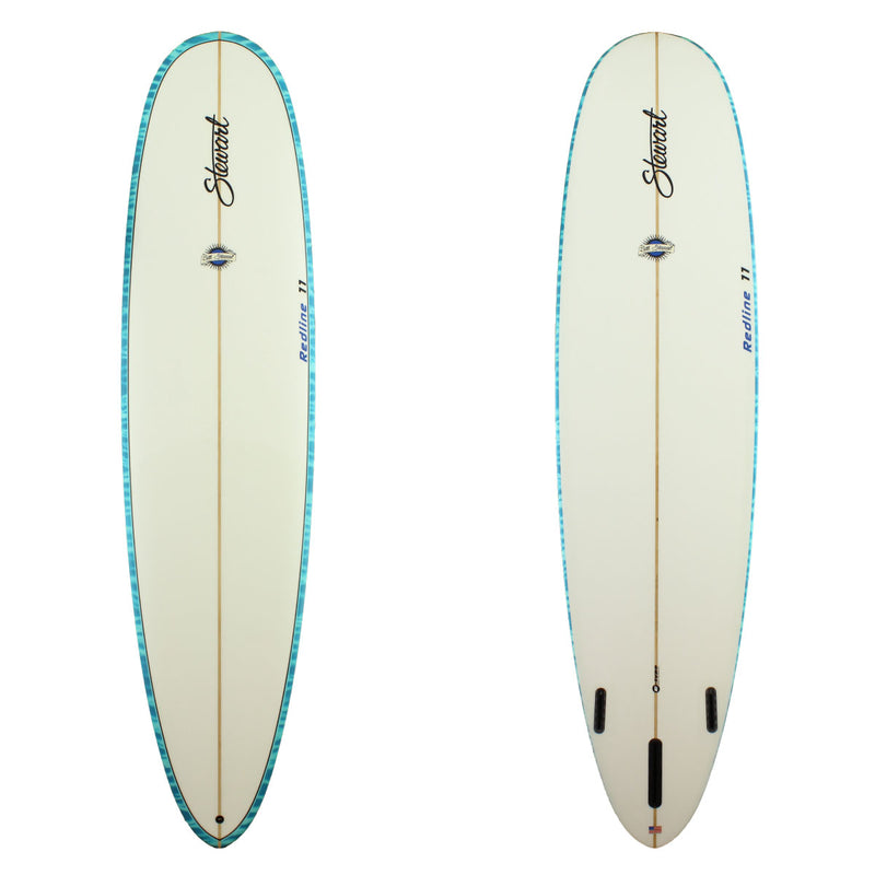 Stewart Surfboards Redline 11 longboard (9'0", 24 1/4", 3 1/4") white with blue painted rails and black pinline