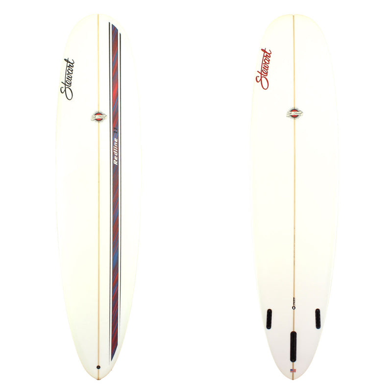 Stewart Surfboards Redline 11 longboard (9'0", 23 3/4", 3 3/8") with red and grey stripes on deck