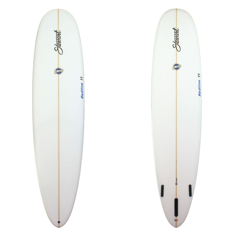 Deck and bottom view of a Stewart 9'0" Redline 11 (9'0", 23 1/2", 3") B#127487 Longboard Sanded Clear with Blue Logos