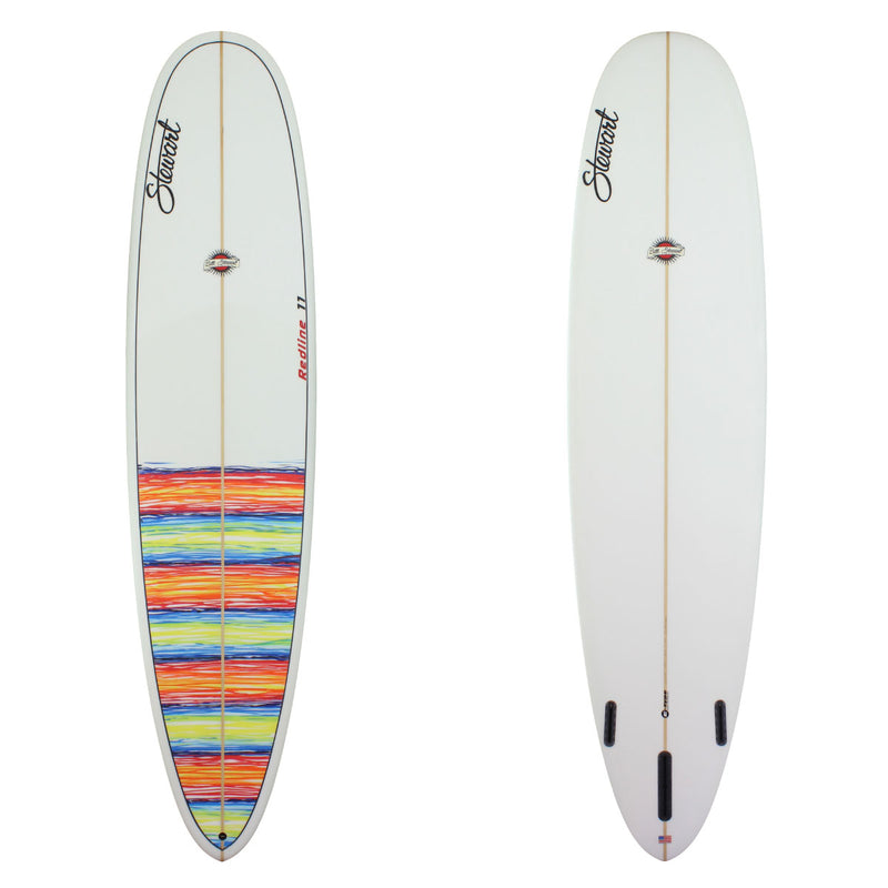 Deck and bottom view of a Stewart Redline-11 with sand finish with multi color paint stripes on bottom half of the board with black pinline on the deck of the board