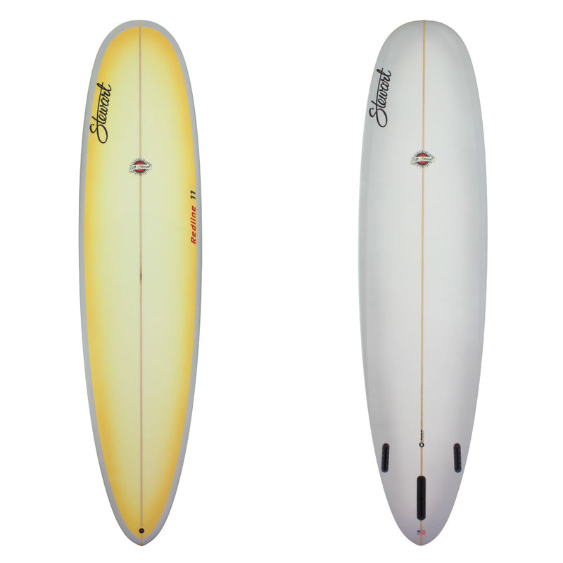 Deck and bottom view of a Stewart Redline-11 Long board with sand finish and a yellow sun faded deck with white rails and bottom 