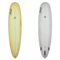 Deck and bottom view of a Stewart Redline-11 Long board with sand finish and a yellow sun faded deck with white rails and bottom