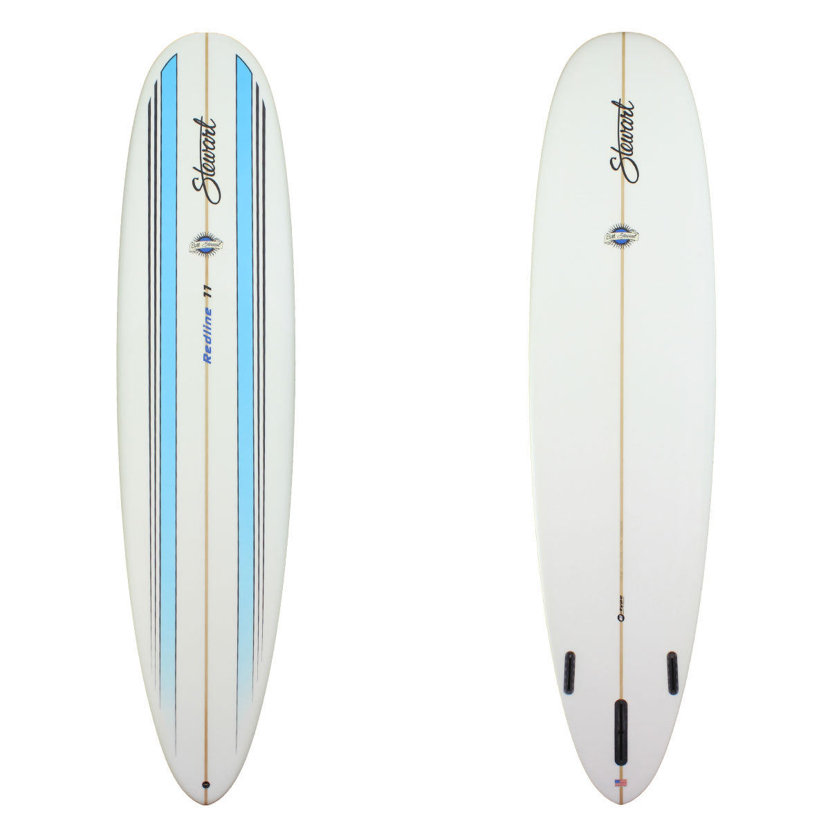 Stewart 9'0" Redline 11 Longboard (9'0", 23 1/2", 3 5/8") B#127590 with parabolic blue racing stripes on the deck and clear bottom 