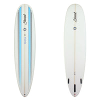 Stewart 9'0" Redline 11 Longboard (9'0", 23 1/2", 3 5/8") B#127590 with parabolic blue racing stripes on the deck and clear bottom 