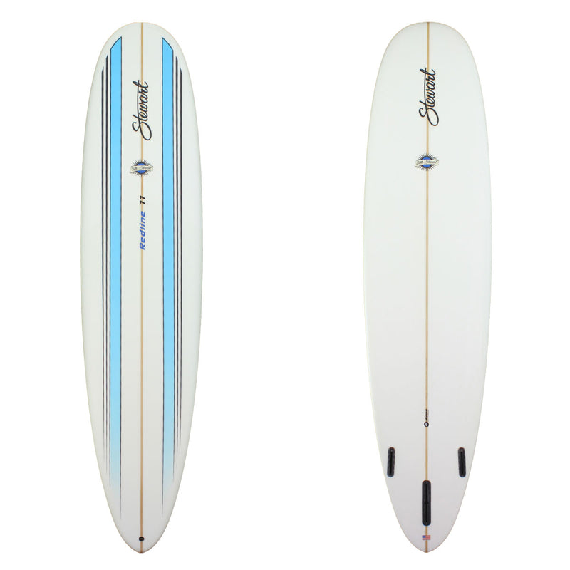 Stewart 9'0" Redline 11 Longboard (9'0", 23 1/2", 3 5/8") B#127590 with parabolic blue racing stripes on the deck and clear bottom 