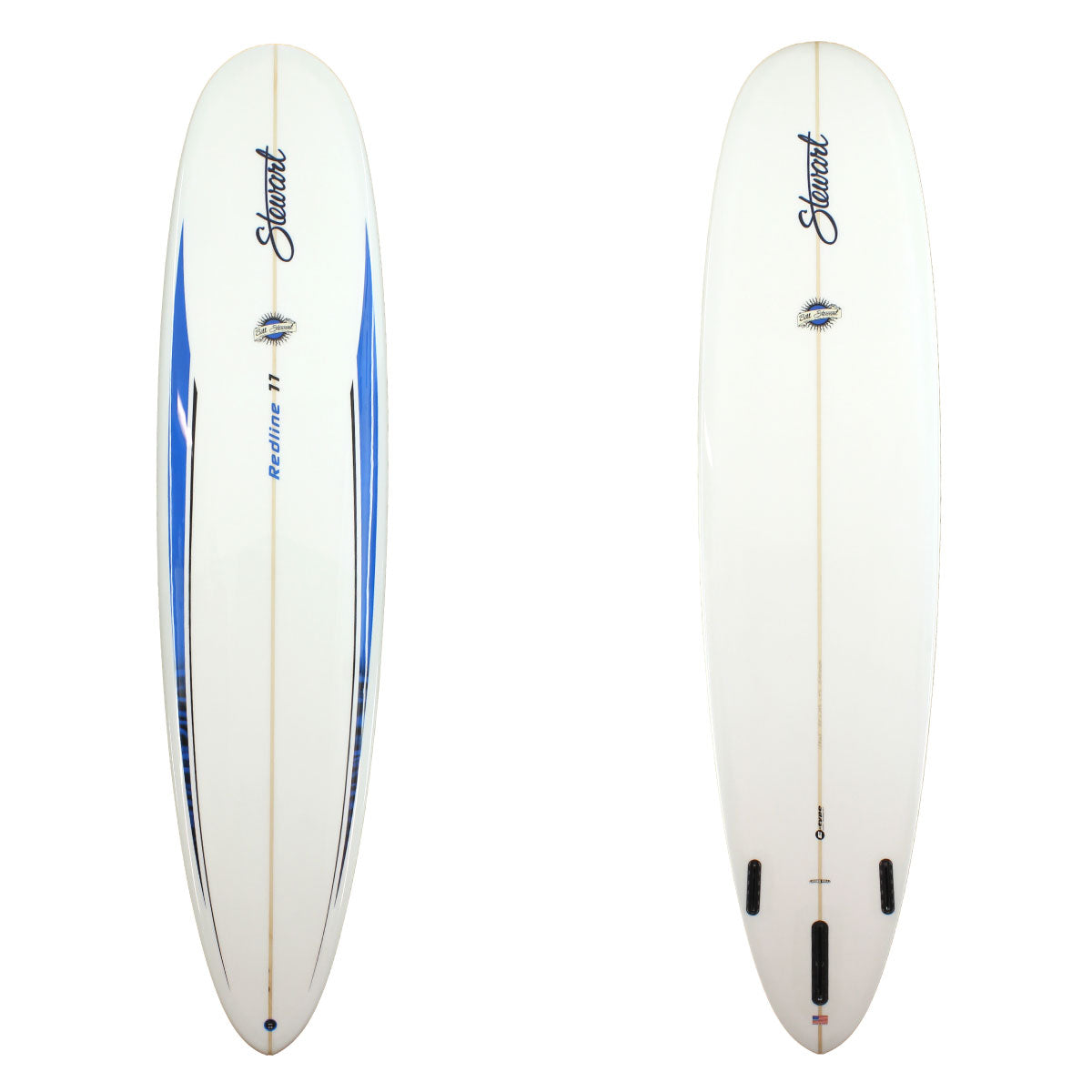 Stewart Longboard 9'0" Redline 11 (9'0", 23 1/4", 3 1/4") B#128068 with blue racing stripes on the deck Gloss & Polish