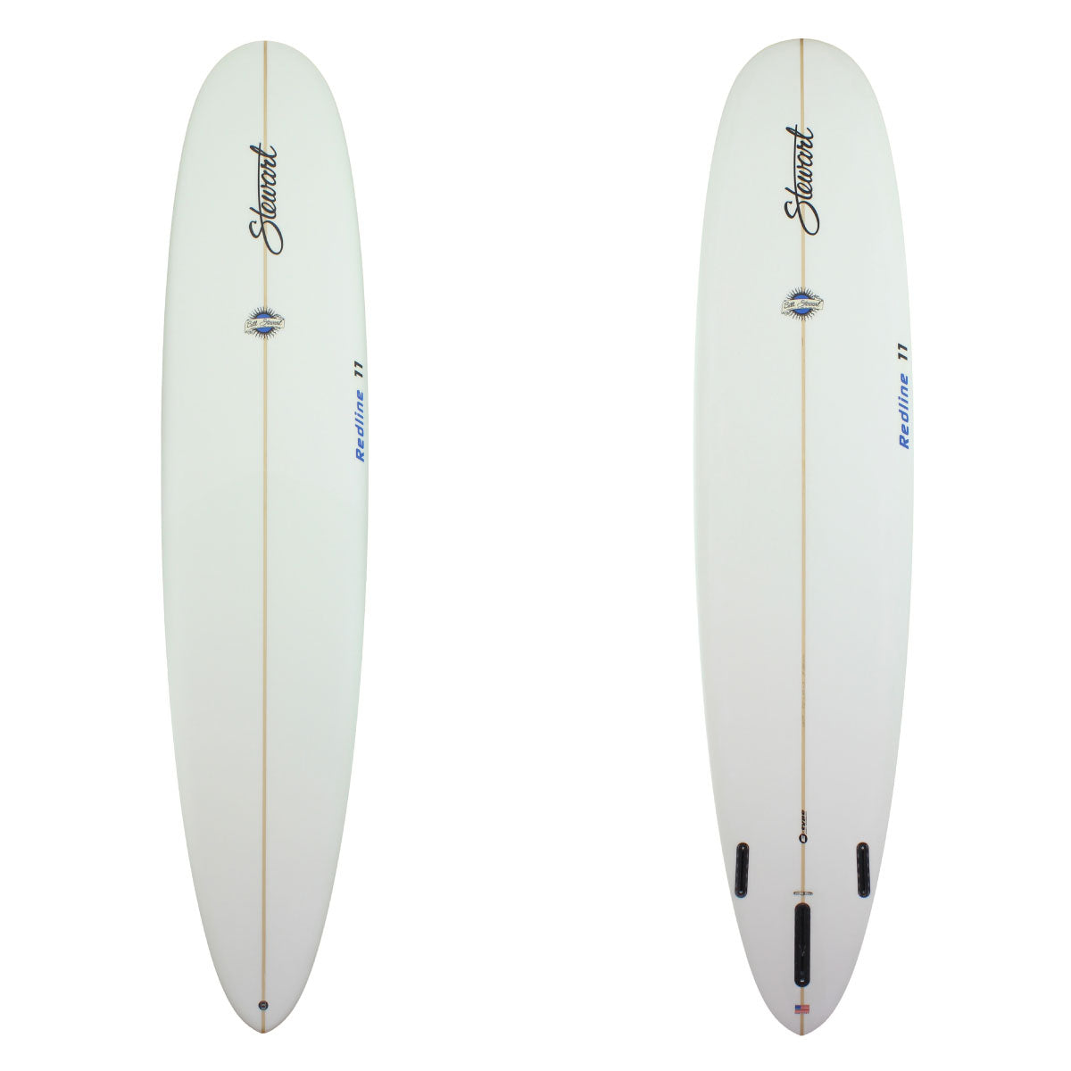 Deck and bottom view of a stewart redline-11 longboard with blue logos no colorwork and a sand finish 