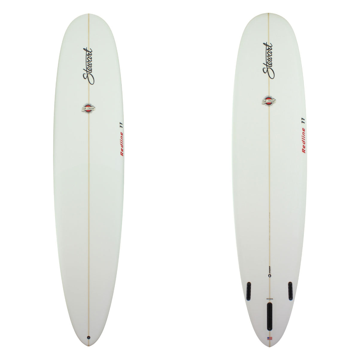 Deck and Bottom View of a stewart redline - 11 longboard with no colorwork and a sand finish