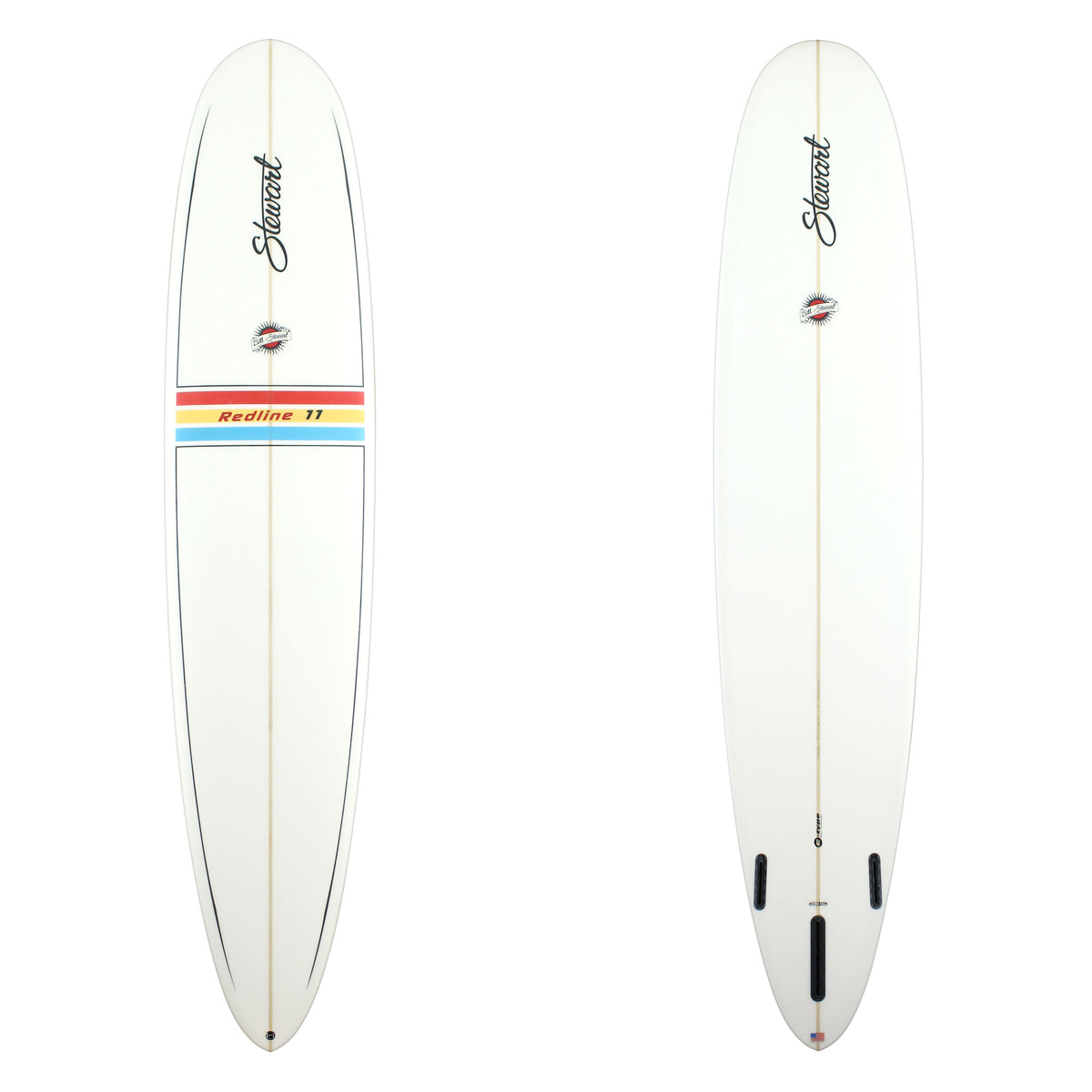 Stewart Surfboard 9'0" Redline 11 (9'0", 22 3/4", 3") B#128636 with a red, yellow and blue stripe on the middle deck 