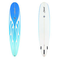 Stewart Longboard 9'0" Redline 11 (9'0", 23", 2 3/4") B#129031 with a blue flame design on the deck with a white bottom sand finish 