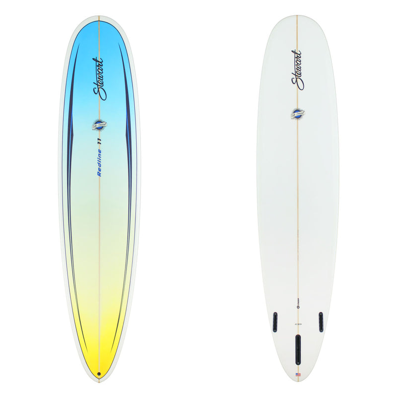 Stewart Longboard 9'0" Redline 11 (9'0", 24 1/2", 3 1/8") B#129078 with a yellow to blue fade on the deck with 2 black spears on the rails 