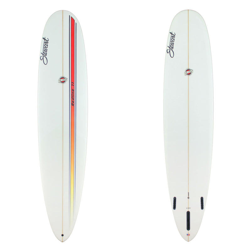 Stewart Longboard 9'0" Redline 11 (9'0", 23 1/2", 3") B#129279 EPS. Clear bottom with black and red logos. 
The top is white with black and red logos and red to yellow vertical stripe.