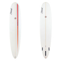 Two views of a white surfboard with red and black accents on a white background