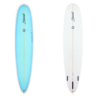 Two surfboards, one blue and one white, with a brand logo on a white background.