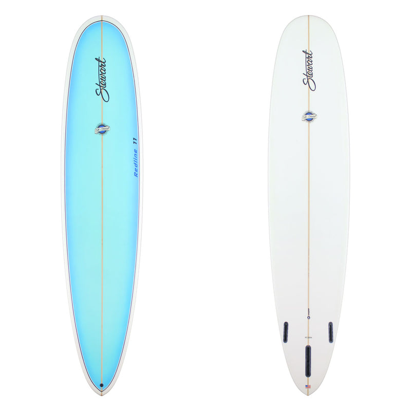 Two surfboards, one blue and one white, with a brand logo on a white background.