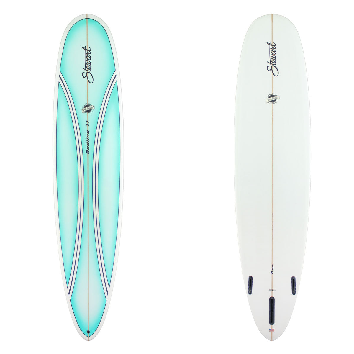 Deck and bottom view of a Stewart Redline 11 with a light blue deck featuring banded pinlines and an all clear / white bottom. 