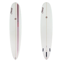 Two images of a stewart redline 11 with a black to blue fade stripe on deck with a white bottom. There is black and red branding