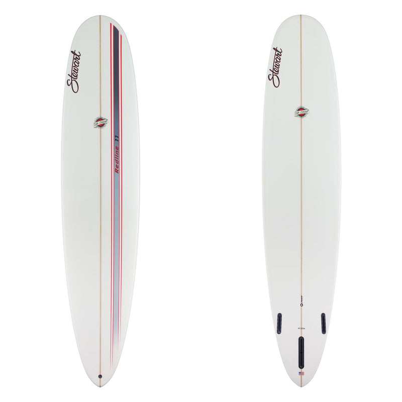 Two images of a stewart redline 11 with a black to blue fade stripe on deck with a white bottom. There is black and red branding