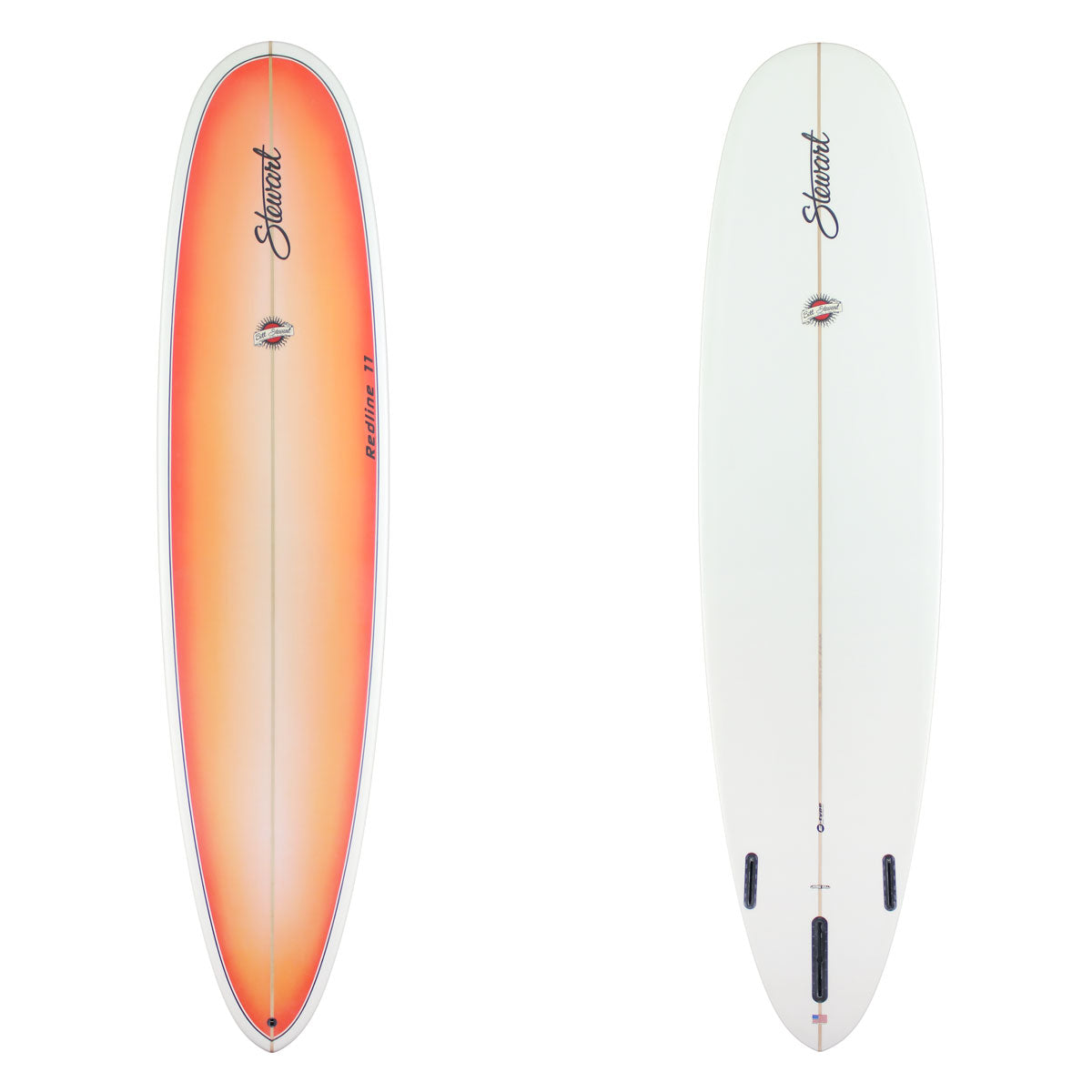 Deck and bottom view of a Stewart Redline 11 with an orange deck with pinlines going around the rails // clear bottom