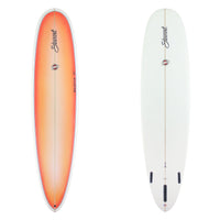 Deck and bottom view of a Stewart Redline 11 with an orange deck with pinlines going around the rails // clear bottom