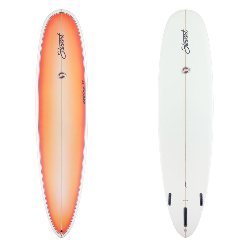 Deck and bottom view of a Stewart Redline 11 with an orange deck with pinlines going around the rails // clear bottom