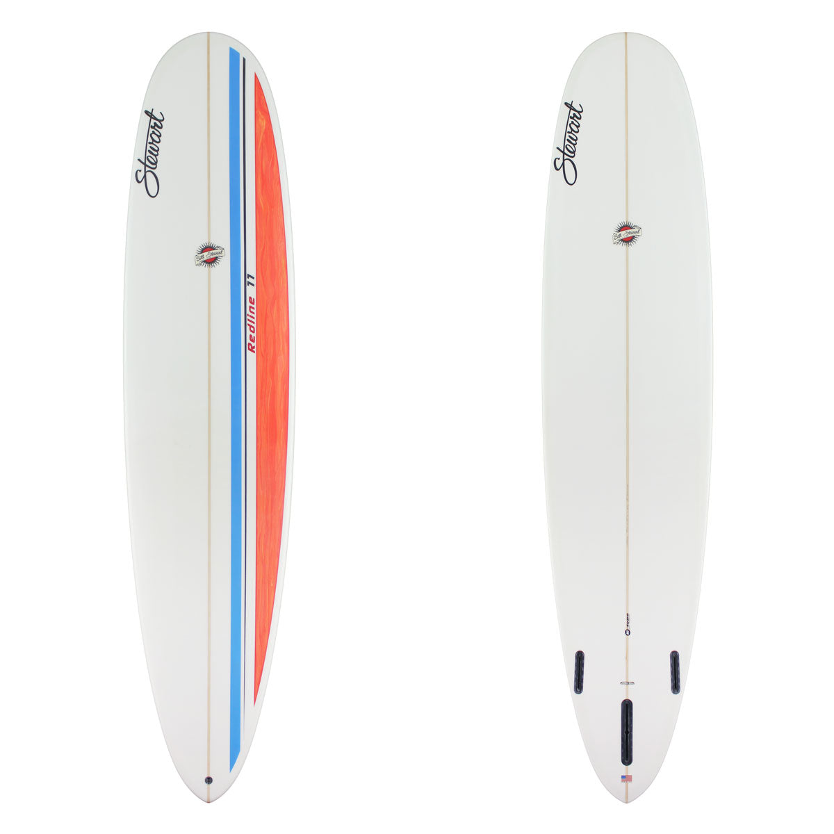 Two images of a Stewart Redline 11 with blue and red stripes n the deck and a white botto. There is black branding