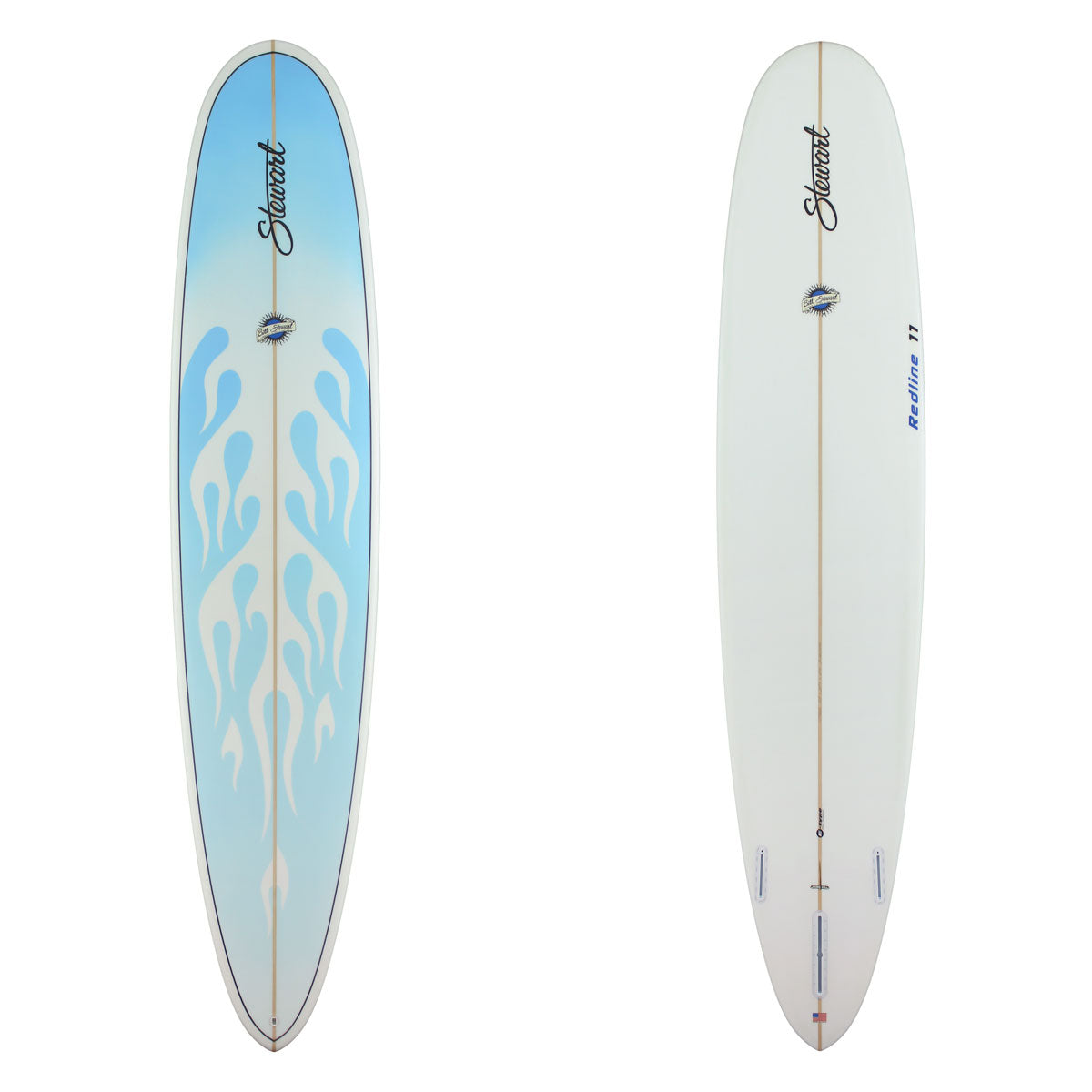 Stewart Longboard 9'0" Redline 11 (9'0", 22 3/4", 2 3/4") B#129858 Light blue resin tint with flame design clear bottom with black and blue logos