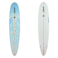 Stewart Longboard 9'0" Redline 11 (9'0", 22 3/4", 2 3/4") B#129858 Light blue resin tint with flame design clear bottom with black and blue logos