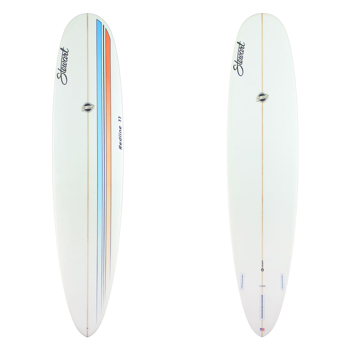 Deck and bottom view of a Stewart Redline 11 with a blue and orange racing stripe on the deck and a clear / white bottom