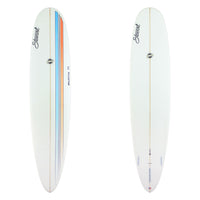 Deck and bottom view of a Stewart Redline 11 with a blue and orange racing stripe on the deck and a clear / white bottom