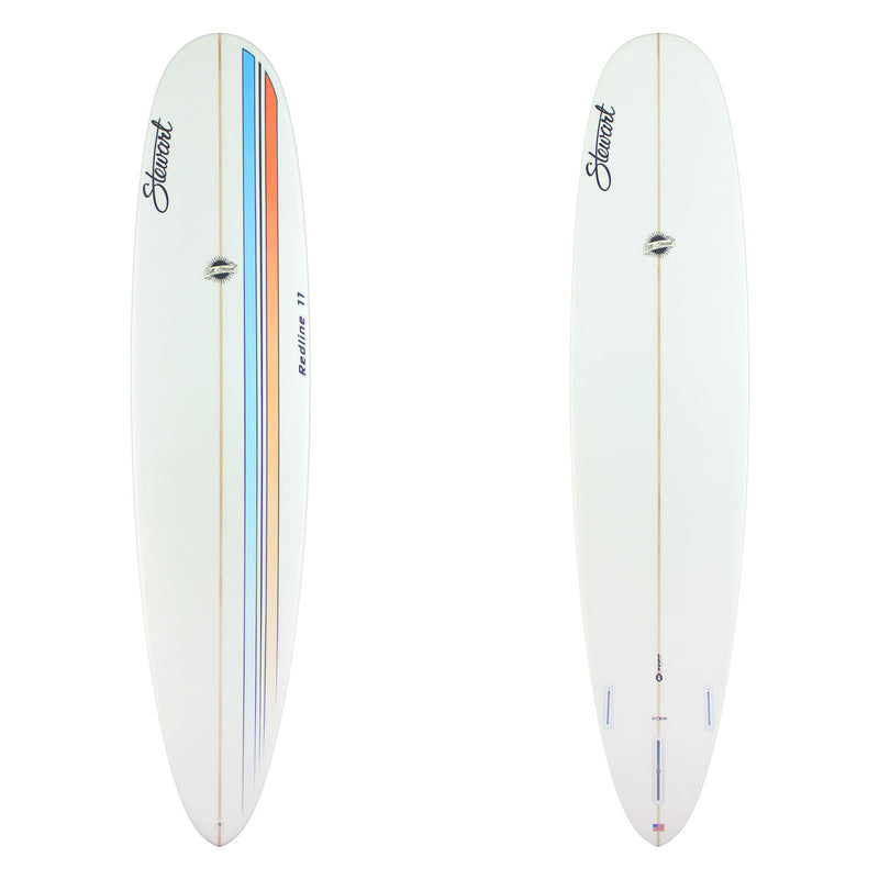Deck and bottom view of a Stewart Redline 11 with a blue and orange racing stripe on the deck and a clear / white bottom