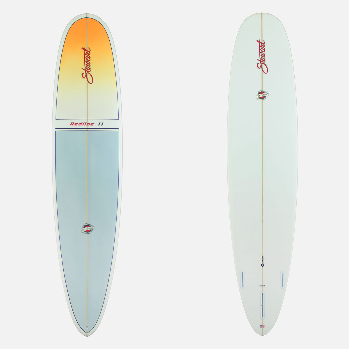 Deck and bottom view of a Stewart Redline 11 with the upper third of the board near the nose being orange and the bottom two thirds blue. the bottom is clear / white.