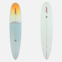 Deck and bottom view of a Stewart Redline 11 with the upper third of the board near the nose being orange and the bottom two thirds blue. the bottom is clear / white.