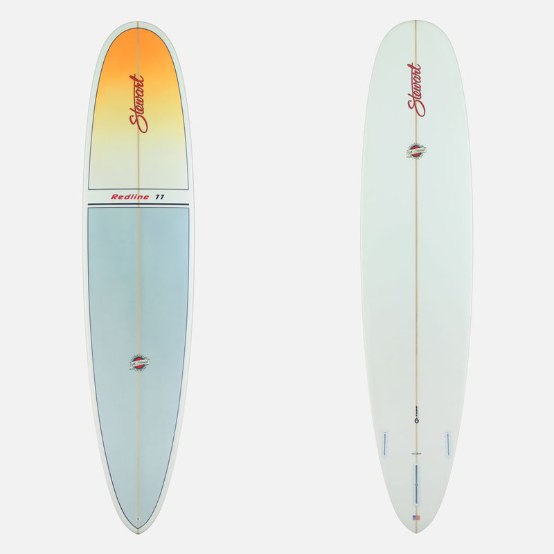 Deck and bottom view of a Stewart Redline 11 with the upper third of the board near the nose being orange and the bottom two thirds blue. the bottom is clear / white.