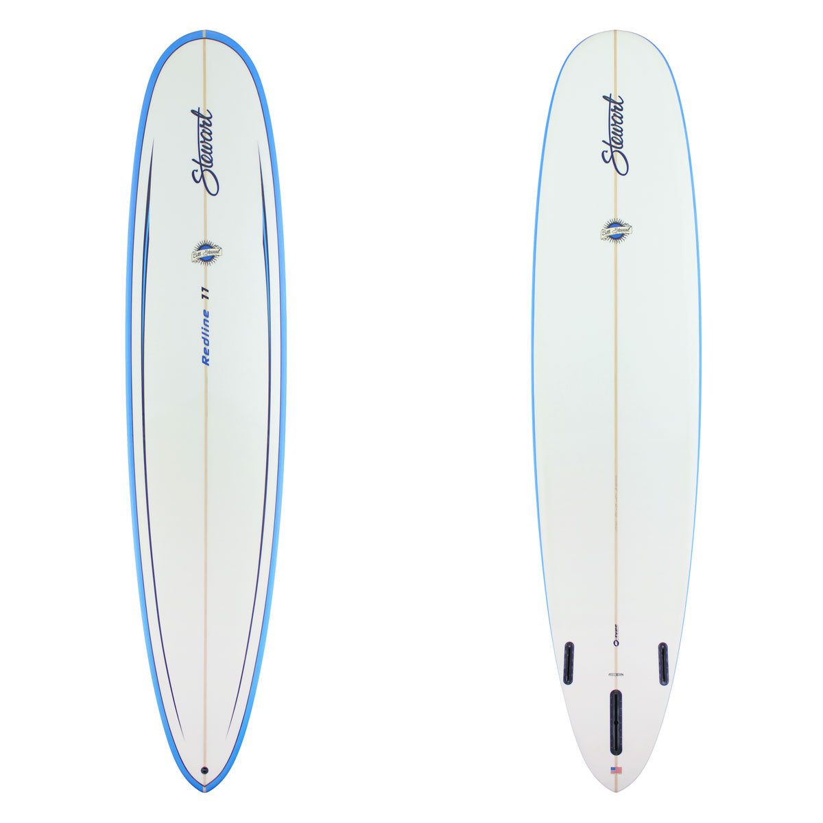 View of Stewart Redline 11 with blue rails and a blue pinline on the deck and clear bottom
