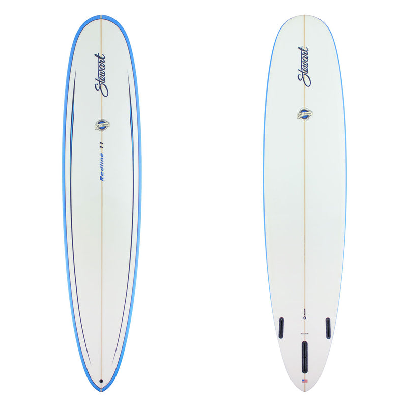 View of Stewart Redline 11 with blue rails and a blue pinline on the deck and clear bottom