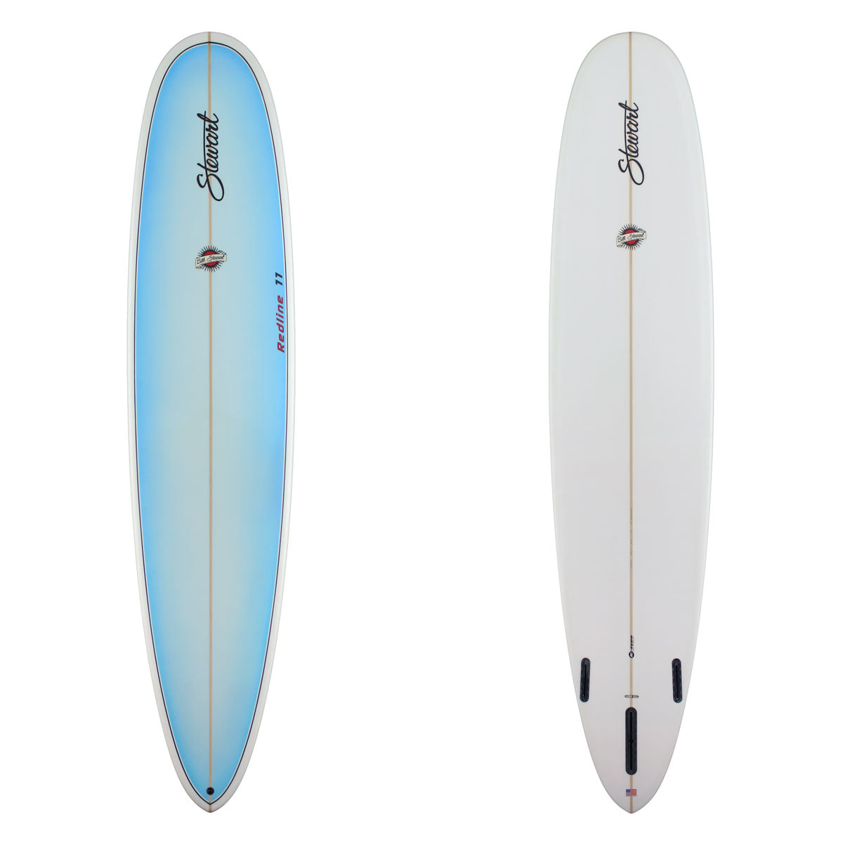 Stewart Longboard 9'0" Redline 11 (9'0", 23 1/2", 3 1/2") B#129991 Light blue tint on deck with clear rails and bottom with black logos and red Bill Stewart sun logo