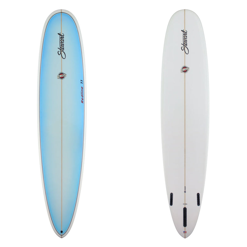 Stewart Longboard 9'0" Redline 11 (9'0", 23 1/2", 3 1/2") B#129991 Light blue tint on deck with clear rails and bottom with black logos and red Bill Stewart sun logo