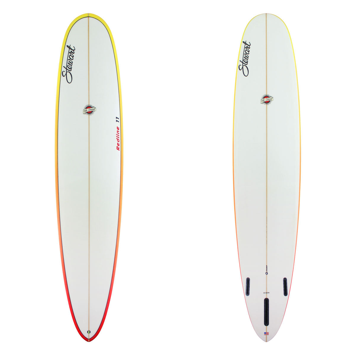 Two images of a stewart Redlinee 11 with yellow to red rails and black branding.