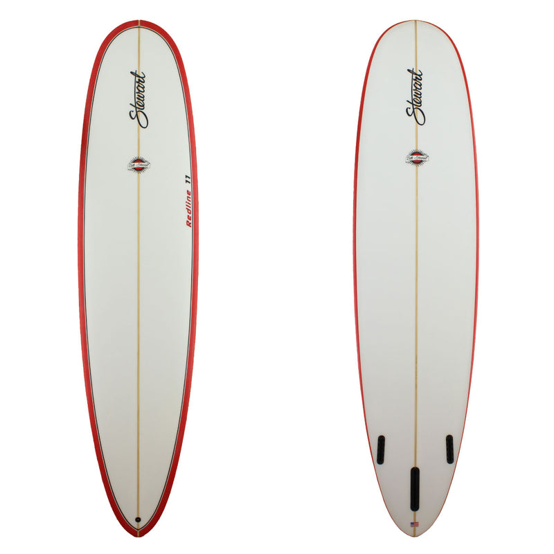 Stewart Surfboards Redline 11 longboard (9'0", 23 3/4", 3 1/2") with red rails and black pinline on deck