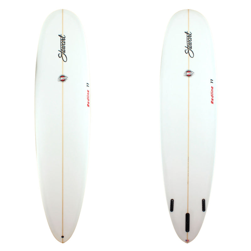Stewart Surfboards Redline 11 longboard (9'0", 24 1/4", 3") with clear white deck and bottom