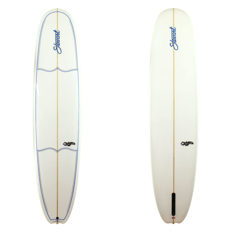 Stewart Surfboards 9'2" Bird longboard with blue and black pinlines on deck, gloss and polish finish