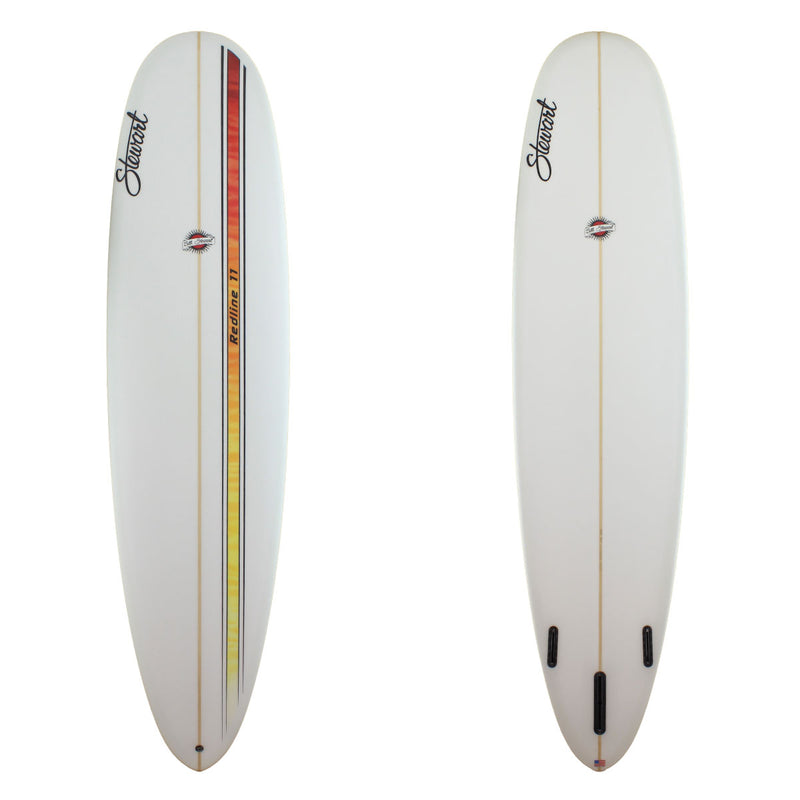 Stewart Surfboards Redline 11 longboard (9'0", 24 1/4", 3 1/4") with red/yellow and black stripes on deck